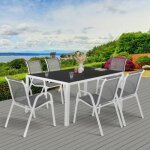 Idmarket salon de jardin madrid table 150 cm et 6 chaises empilables blanc et gris Idmarket salon de jardin madrid table 150 cm et 6 chaises empilables blanc et gris