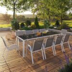 Idmarket salon de jardin madrid table 240 cm et 10 chaises empilables blanc et gris