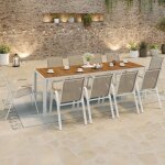 Idmarket salon de jardin noumea table 240 cm plateau verre tremp� effet bois et 10 chaises empilables ...