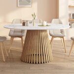 Idmarket table � manger extensible ronde carmen 4 - 8 personnes pied bois en lattes et plateau marbre ...