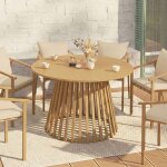 Table de jardin ronde solal 120 cm 6 personnes avec pied lattes en m�tal effet bois