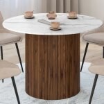 Idmarket table � manger ronde juliette 6 personnes pied central effet lattes noyer et plateau effet marbre ...
