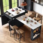 �lot central cuisine extensible avec rangement et plan de travail bois marbr� table de bar pour 2 - 6 ...