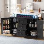 �lot central cuisine mobile 138x60x93cm - desserte plan rabattable led rgb - casier vin 3 tiroirs - mdf ...