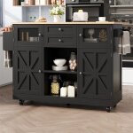 �lot de cuisine / buffet roulant noir - plan de travail style bois portes 3d roues et cloisons r�glables ...