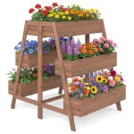 Jardini�re sur�lev� en bois multi - niveaux costway fond � lattes doublure syst�me de drainage bac de ...