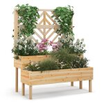 Costway jardinire avec treillis  2 niveaux en bois de sapin bac  fleurs rectangulaire avec trou de ...