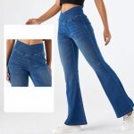 Jeans femme bootcut taille haute �lastique pantalon en denim �vas� crois� en v effet amincissant avec ...