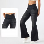 Jeans femme bootcut taille haute �lastique pantalon en denim �vas� crois� en v effet amincissant avec ...
