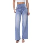 Jeans femme � coupe large taille haute pantalon en denim � jambe large taille elastique effet d�lav� ...