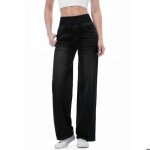 Jeans femme � coupe large taille haute pantalon en denim � jambe large taille elastique effet d�lav� ...