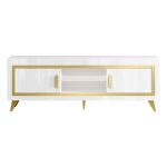 Jemma - meuble tv 2 portes laqu� blanc et d�cor dor� avec leds