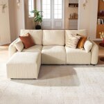 Jinovia canap� d?angle modulable 3 places avec ottoman en velours c�tel� ? beige