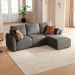 Jinovia canap� d?angle modulable 3 places avec ottoman en velours c�tel� ? gris fonc�