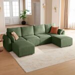 Jinovia canap� modulable en u 4 places avec ottomans en velours c�tel� ? vert