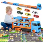 Jouet camion transport piste avec catapulte 6 voitures de course en mtal 12 panneaux de signalisation ...