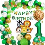 Dcorations danniversaire - jungle - garon - ballons verts - bannire joyeux anniversaire - 1 an
