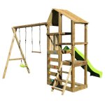 Kangui - tour de jeux en bois avec double plateformes woupi - balanoire trapze mur descalade et cabane ...