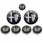 Kit 7 insigne logo emblme alfa romeo noir capot 74mm + coffre 74mm + volant 40mm + 4 x caches moyeux ...