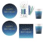 Kit anniversaire (cde 6) - bleu et dor�e - 16 gobelets - 16 assiettes - 20 serviettes + 12 bougies offerte ...