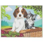 Kit canevas - non spcifi - chiot et chaton gris - 15x20 cm - fils 100% coton - aiguille incluse