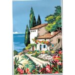 Kit canevas - le sud - villa fleurie sur la mer - 22 x 33 cm - toile imprime antique - aiguille et fil ...