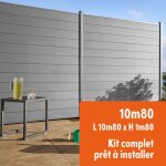 Kit clture composite et aluminium  sceller h 1m80 l 10m80 gris quartz avec renforts acier - palissade ...