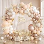 Kit d�coration anniversaire arche ballon - febest - 113 pi�ces - blanc beige or champagne - ballons confettis ...