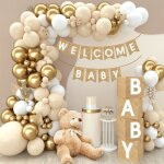 Kit d�coration baby shower 97 pi�ces - arche ballons blanc et or avec cube et banni�re - pour bapt�me ...