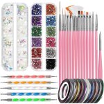 Kit manucure - damily - 32pcs - 15 pinceaux gel nail art - 5 stylos  points - strass - rose