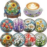 Kit de peinture diamant - dessous de verre avec support - lot de 8 - base en li�ge et bois - kit de loisirs ...