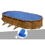 Kit piscine acier aspect bois gr mauritius ovale 744 x 399 x 132 m + bche  bulles