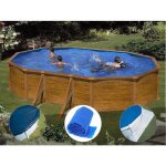 Kit piscine acier aspect bois gr sicilia ovale 527 x 327 x 122 m + bche hiver + bche  bulles + tapis ...