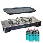Kit plancha gaz 2en1 complet - rchaud 2 feux inox 4400w + plaque grill + 4 cartouches gaz butane intrieur ...