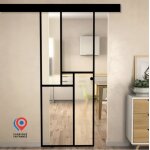Kit porte coulissante en verre + rail noir coffrage - minimo - h. 2005 x l. 725 - fabrication franaise ...
