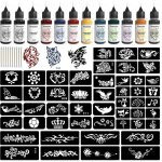 Kit tatouage �ph�m�re 12 encres professionnelles color�es - 49 grands pochoirs temporaires - pour femmes ...