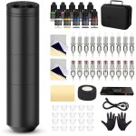 Kit de tatouage sans fil - trahoo - machine lancer - batterie 1500mah - 20 aiguilles - 11 encres - noir ...
