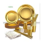 Kit vaisselle jetable anniversaire or - 125pcs or kit accessoire pour repas