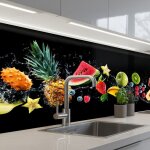 Kitchenyeah cr�dence de cuisine motif fruits et �claboussures deau sur fond noir