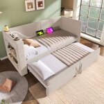 Kodise lit enfant 90x200 cm lin beige lit gigogne avec ports usb porte - gobelet et �tag�re de rangement ...