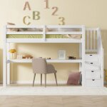 Kodise lit mezzanine 90x200 cm lit enfant avec �chelle de rangement et bureau - pin - blanc - sans matelas ...