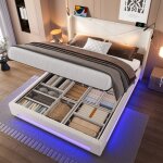 Kodiselit coffre 160x200 cm lit adulte avec 2 liseuses et �clairage led port usb - velours beige - sans ...
