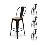Kosmi - lot de 4 tabourets de bar en mtal noir mat style industriel avec dossier haut et assise en bois ...