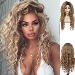 L0789 - 11 - perruque synthtique sans colle pour femmes cheveux longs boucls blond miel racines fonces ...