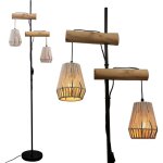 Lampadaire boh�me en rotin - suteo - 169 cm - design industriel - bois et m�tal - 2 abat - jours en corde ...