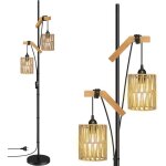 Lampadaire boho bois et m�tal 2 lumi�res abat - jour rotin salon chambre bureau noir ampoules non incluses ...
