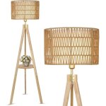 Lampadaire bois avec �tag�re abat - jour rotin et lin design vintage boho pour salon chambre