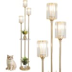 Lampadaire moderne avec �tag�re - suteo - 3 ampoules - abat - jour en verre - interrupteur pied - or ...