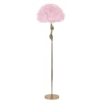 Lampadaire - slim - rose - m�tal dor� - abat - jour en plumes - e27