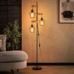 Lampadaire vintage - nettlife - 3 lumi�res - style industriel - culot e27 - abat - jour bambou